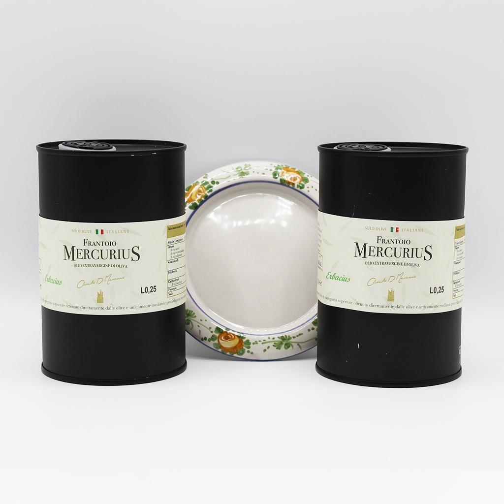Frantoio Mercurius Box Olio 2 bottiglie 0,5 e piattino in ceramica